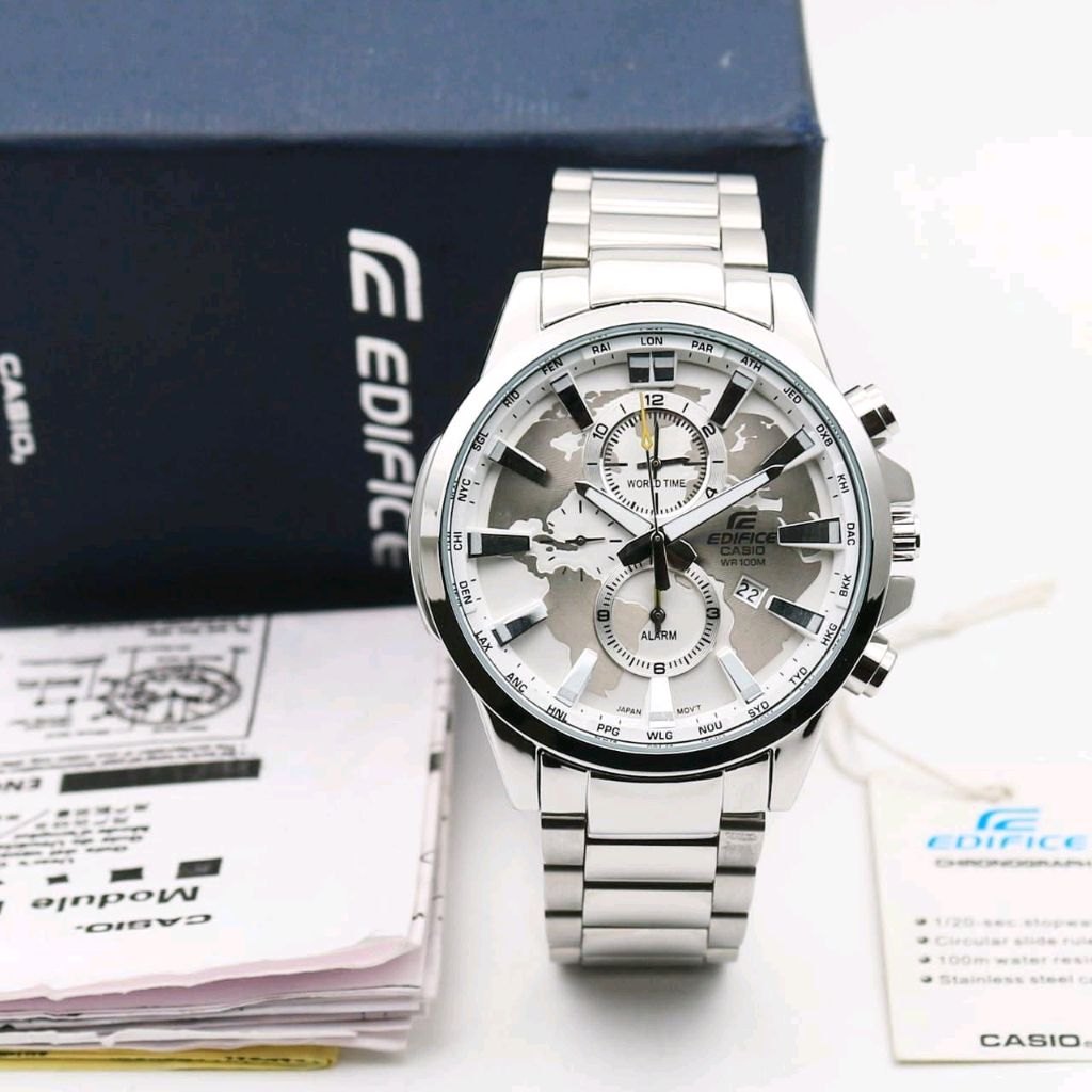 CASI O EDIFICE EFR-303D WORLD MAP SILVER WHITE XoticCollection